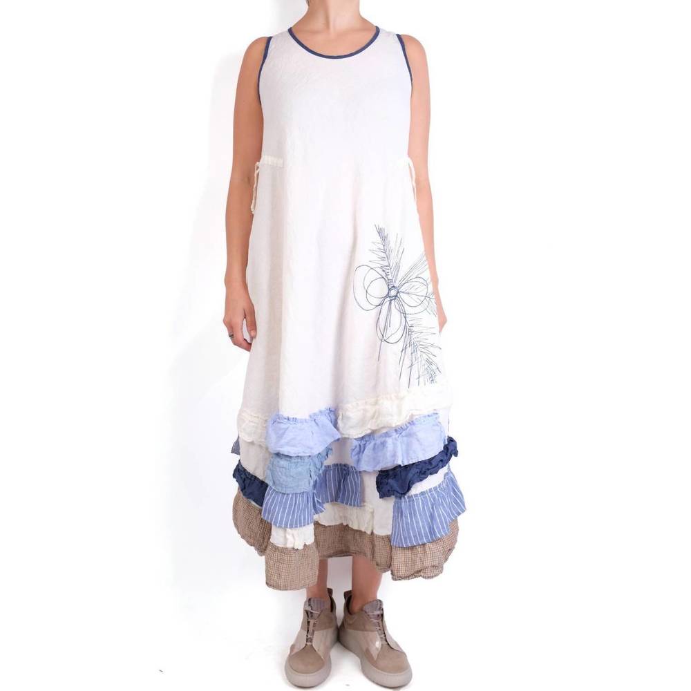 NEW MARA GIBBUCCI ruffle sleeveless linen dress in cream/denim